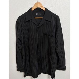 Montique Mens Black Pinstripe Long Sleeve Button Down Shirt Size M Camp Collar